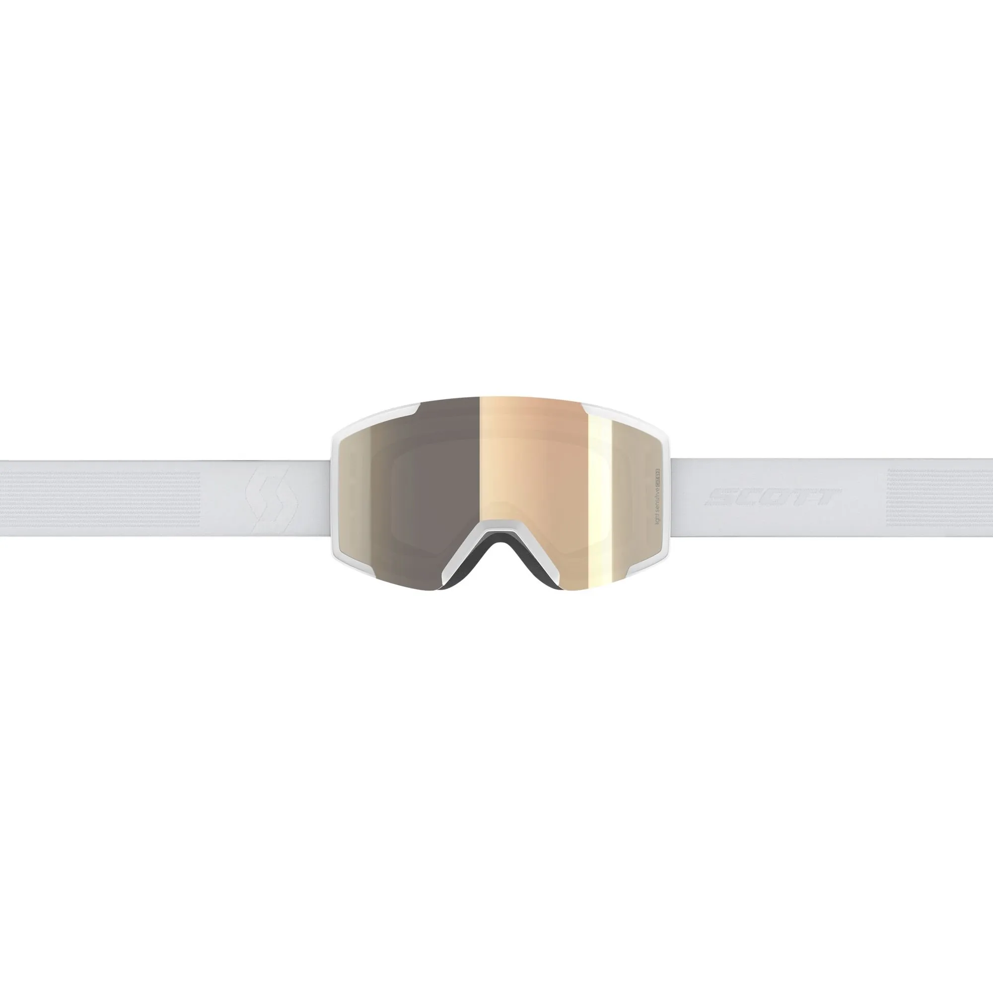 Weiße Scott Shield LS Skibrille mit zylindrischer, verspiegelter Scheibe und breitem Brillenband.