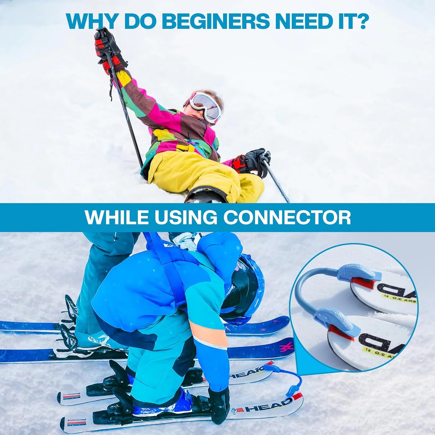 Ein Skianfänger in bunter Kleidung sitzt erschöpft im Schnee. Darunter ein Kind mit pinkem Ski Tip Connector, der die Skispitzen zusammenhält. Er erleichtert das Pfluglernen und gibt mehr Stabilität. Nahaufnahme am Ski.