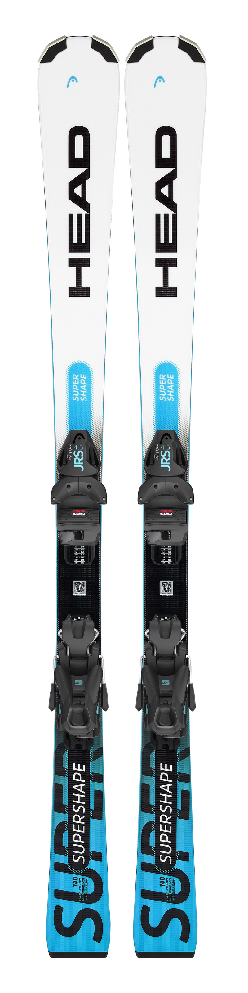 Ski Head Supershape JRS, weiße Ski mit schwarzer "Head" Schrift, blauer Aufschrift "Super Shape", graue Bindungen.