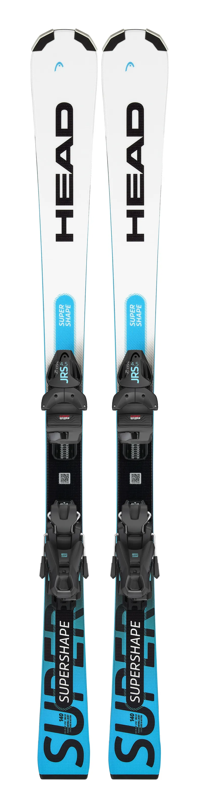 Ski Head Supershape JRS, weiße Ski mit schwarzer "Head" Schrift, blauer Aufschrift "Super Shape", graue Bindungen.