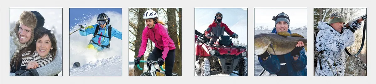 Collage: Winter-Aktivitäten wie Skifahren, Radfahren, Quad fahren, Angeln, Jagen. Heizsohlen sind geeignet für diese Outdoor-Aktivitäten.