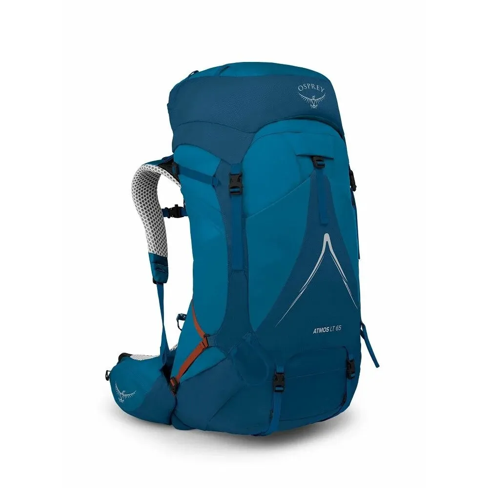 Large blue Osprey Atmos LT 65 trekking backpack, shown upright against a white background. Features a combination of light and dark blue fabrics, ergonomic mesh shoulder straps, adjustable orange compression straps, and the Osprey logo and model name.
