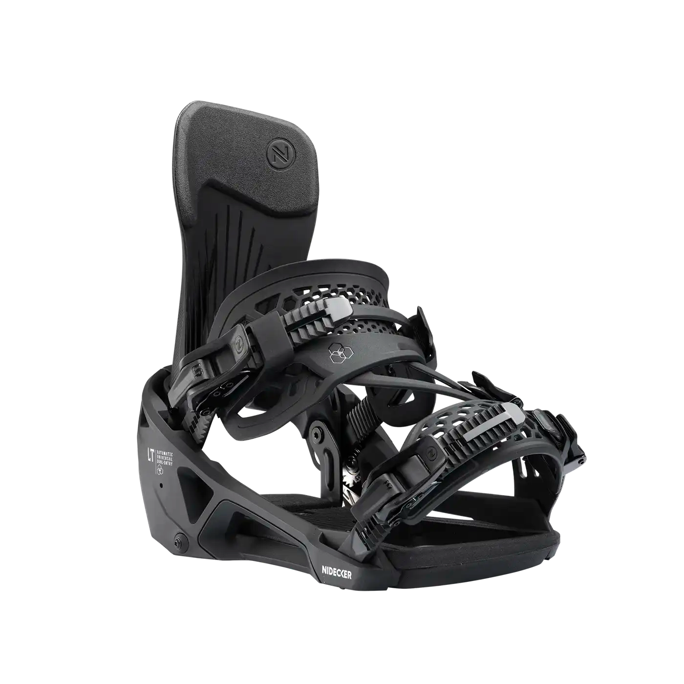 Une fixation de snowboard noire de Nidecker, avec un dos haut et des sangles réglables, sur un fond blanc.