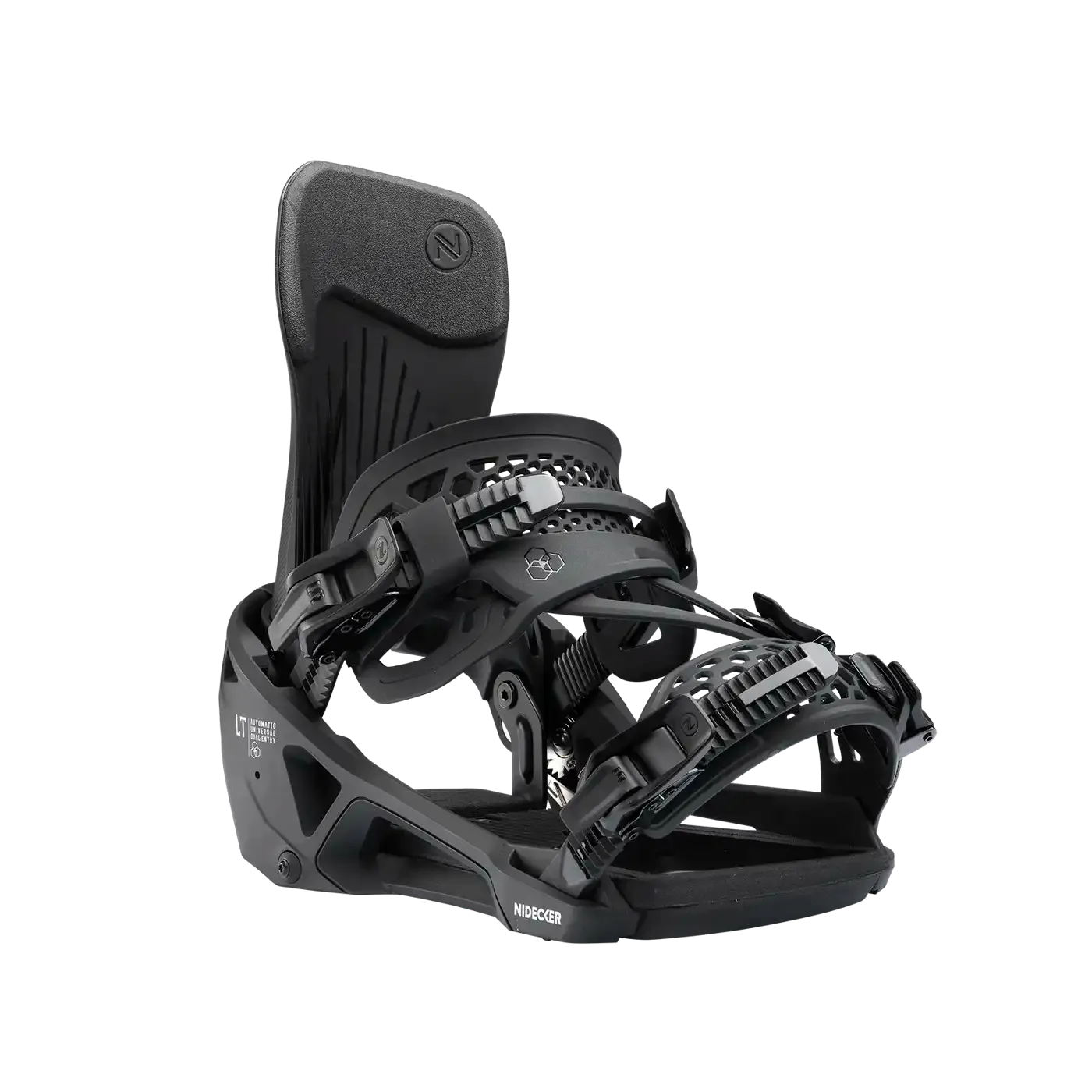 A black snowboard binding from Nidecker, with a high back and adjustable straps, against a white background.
