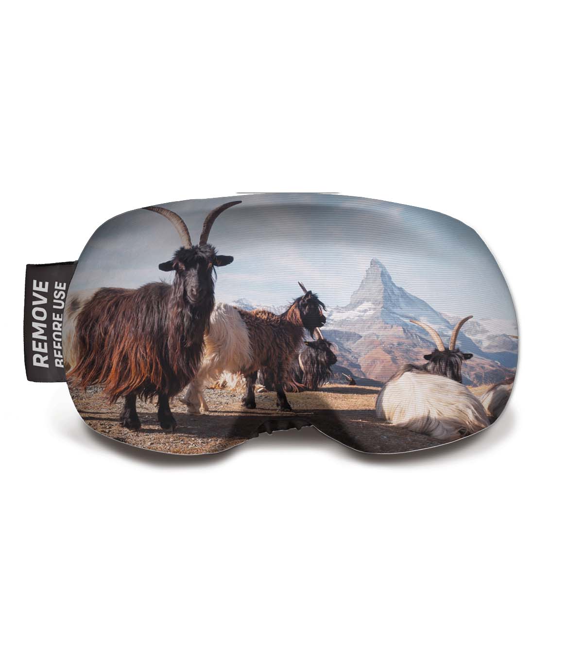 Protection pour lunettes de ski en mouton Protection pour lunettes de ski avec des moutons dans un décor de montagne. Les moutons ont de longues cornes et une fourrure hirsute.