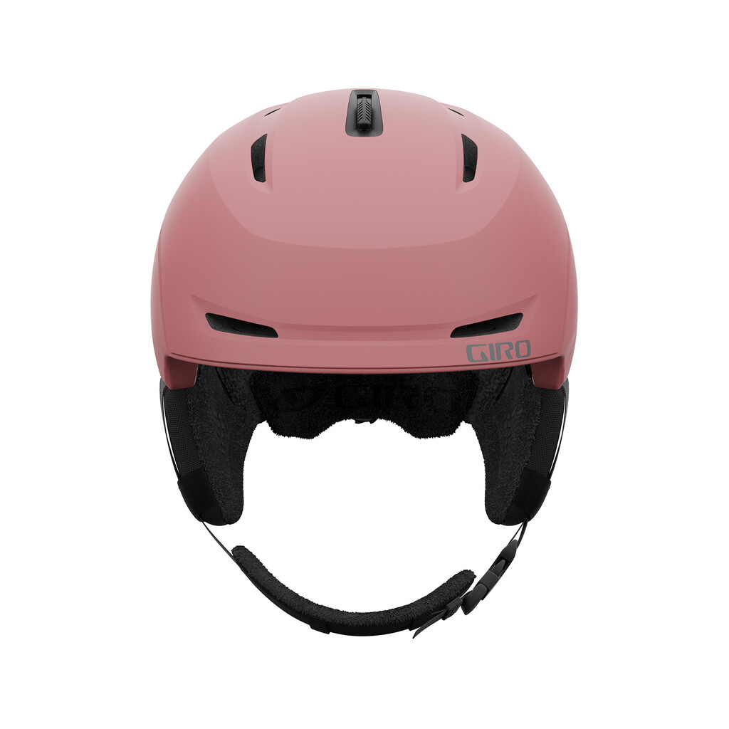 Casque de ski rose Giro Casque de ski rose mat Giro Avera MIPS vu de face. Les ouvertures d'aération et les protège-oreilles sont visibles.