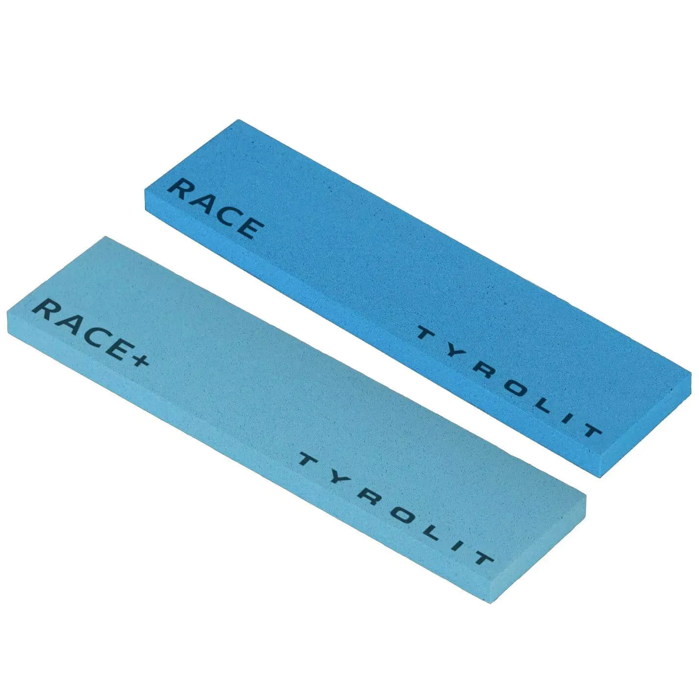 Two whetstones from the brand Tyrolit, blue, with the inscriptions "Race" and "Race+".