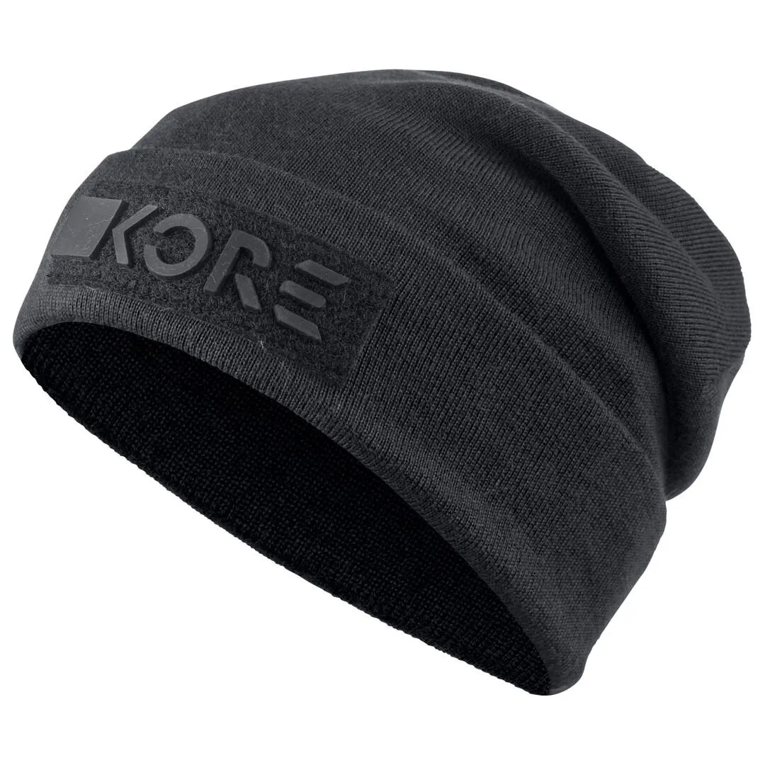 Black KORE beanie, close-up, texture visible, logo on the front.