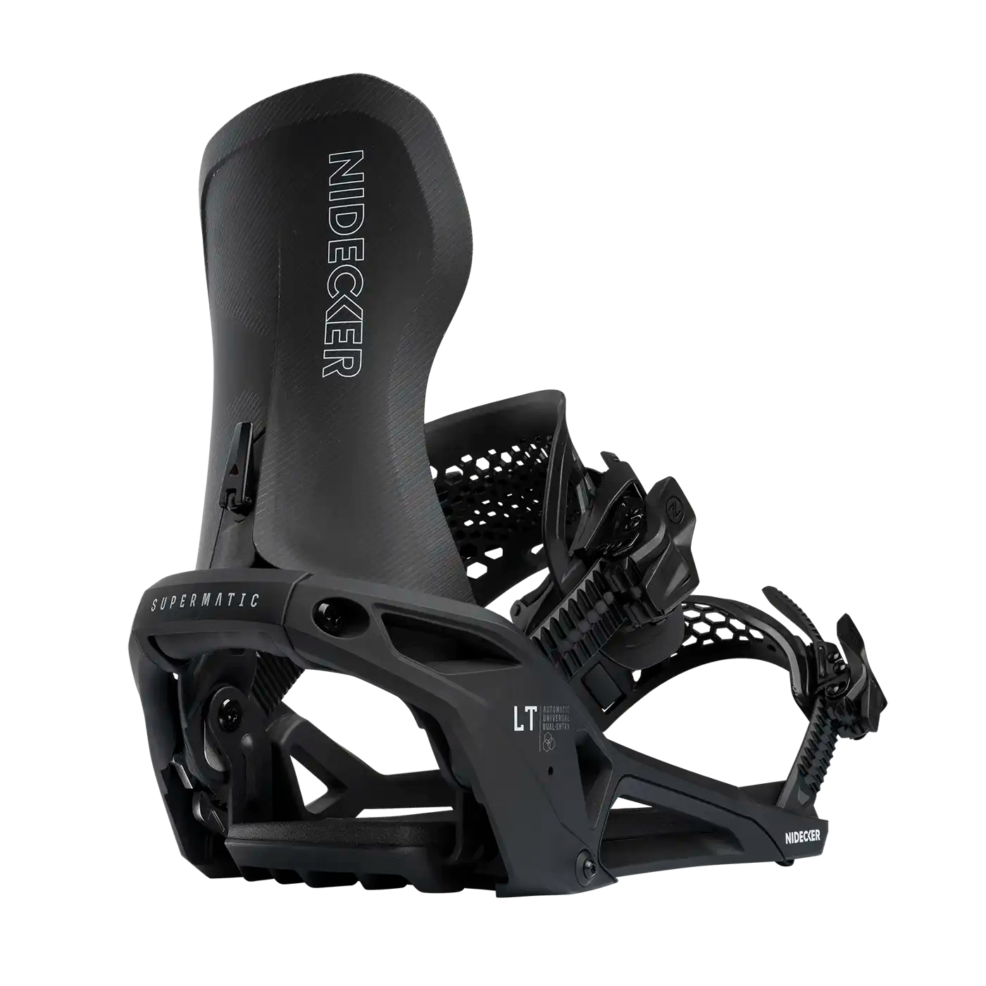 Schwarze Snowboardbindung Detaillierte, schwarze Snowboardbindung mit dem Schriftzug "Nidecker" und "Supermatic" auf einem weißen Hintergrund.