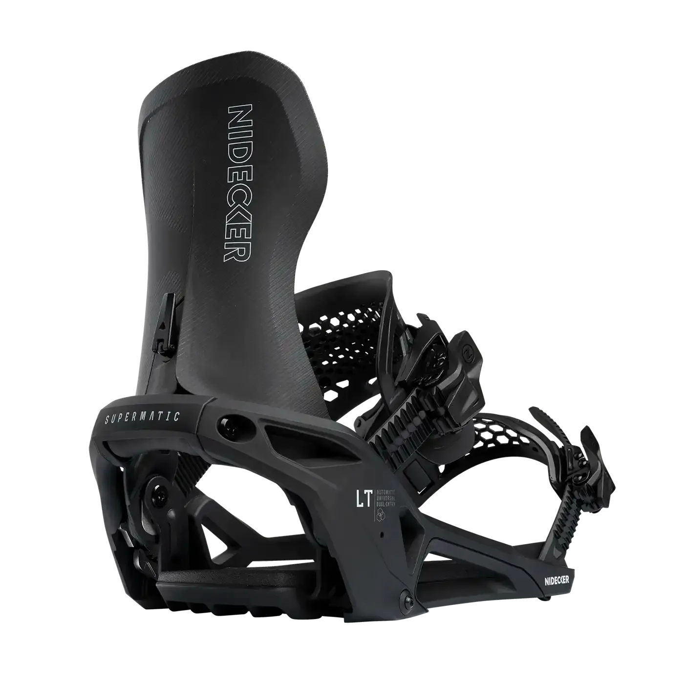 Detaillierte, schwarze Snowboardbindung mit dem Schriftzug "Nidecker" und "Supermatic" auf einem weißen Hintergrund.