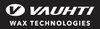 Vauhti Wax Technologies Logo Schwarzer Hintergrund mit weißem "Vauhti" Logo und dem Text "Wax Technologies" darunter.