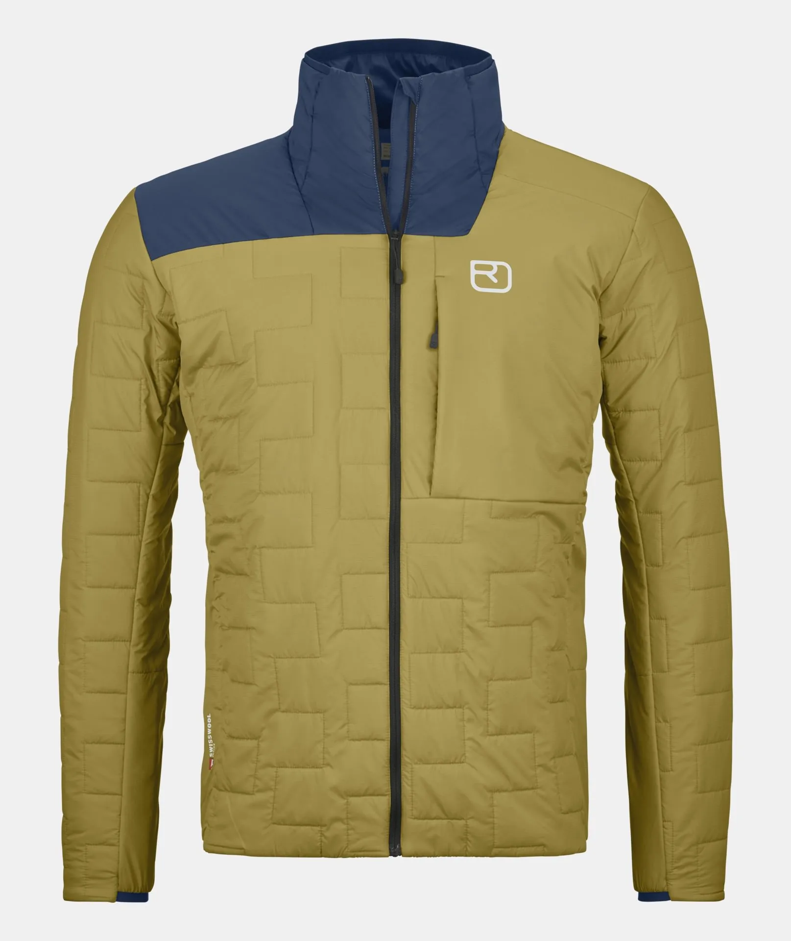Olive Swisswool Piz Segnas jacket with blue collar and quilted pattern, front view.