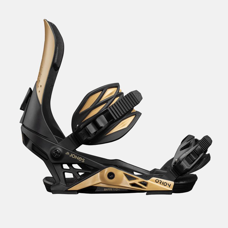 Jones Orion Snowboard Bindung in Schwarz und Beige im Profil auf weißem Hintergrund.