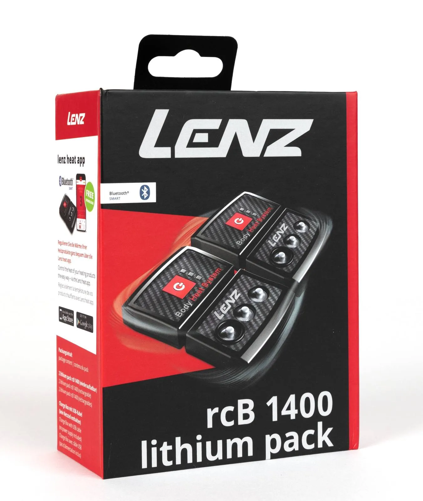 Packaging of a "Lenz rcB 1400 Lithium Pack" with illustrations of the associated batteries and the Lenz logo.