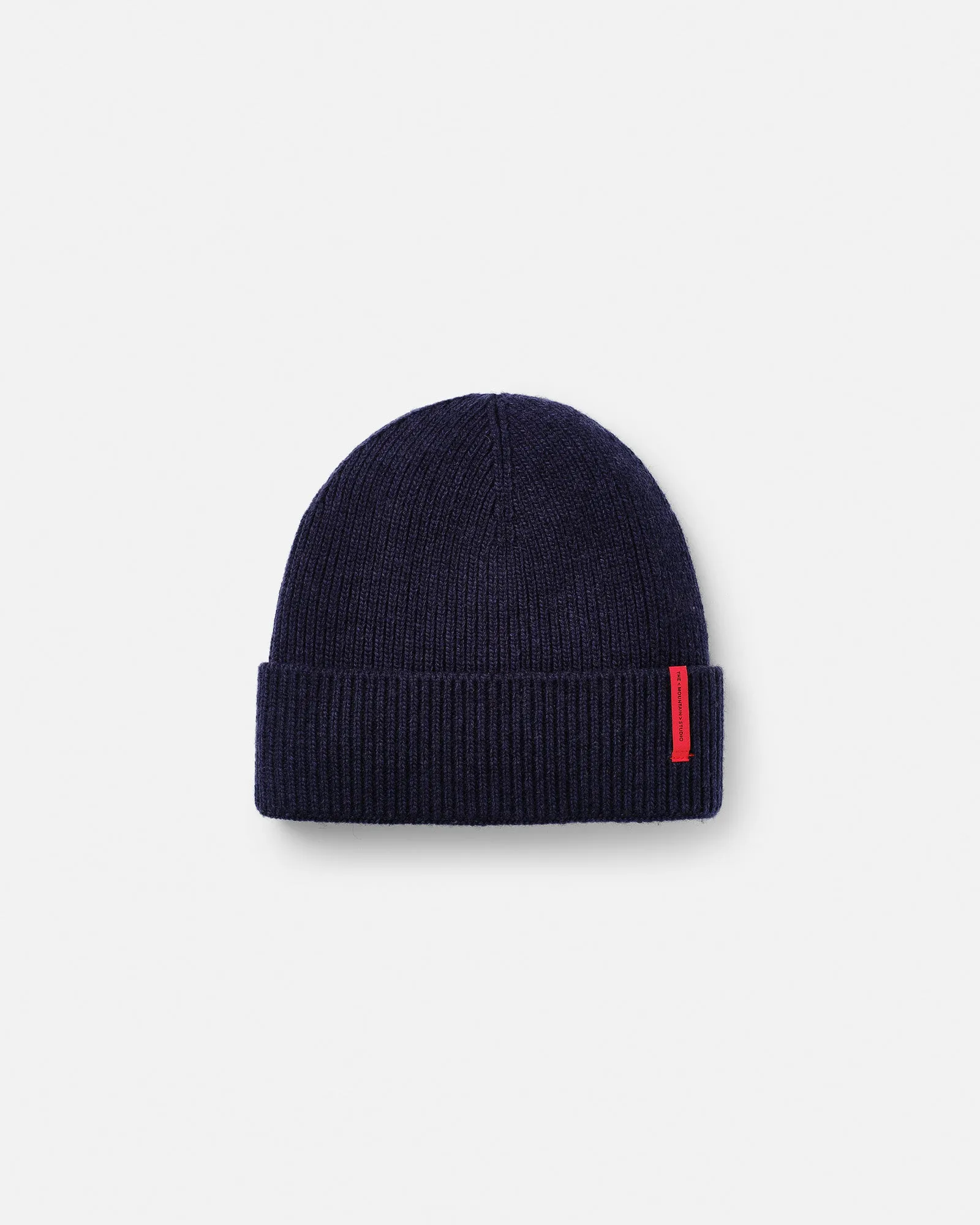Berretto blu scuro in misto cashmere a coste con logo verticale in silicone rosso.
