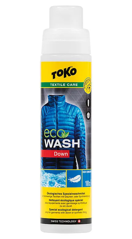 White bottle Toko Eco Down Wash with blue down jacket and writing.