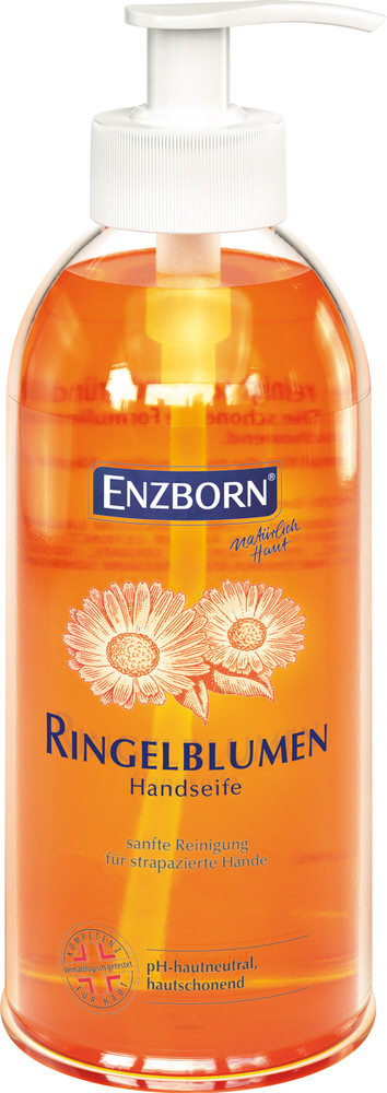 Transparente Spenderflasche Durchsichtige Spenderflasche mit orangener Ringelblumen Handseife und weißem Spenderaufsatz.