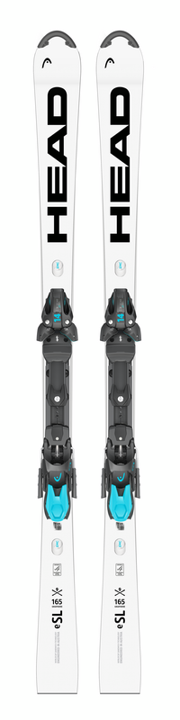 Sci HEAD WCR e-SL Rebel Due sci HEAD WCR e-SL Rebel FIS bianchi con attacchi montati, ripresi dal davanti.
