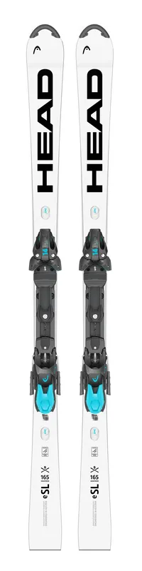 Two white HEAD WCR e-SL Rebel FIS skis with mounted bindings, taken from the front.