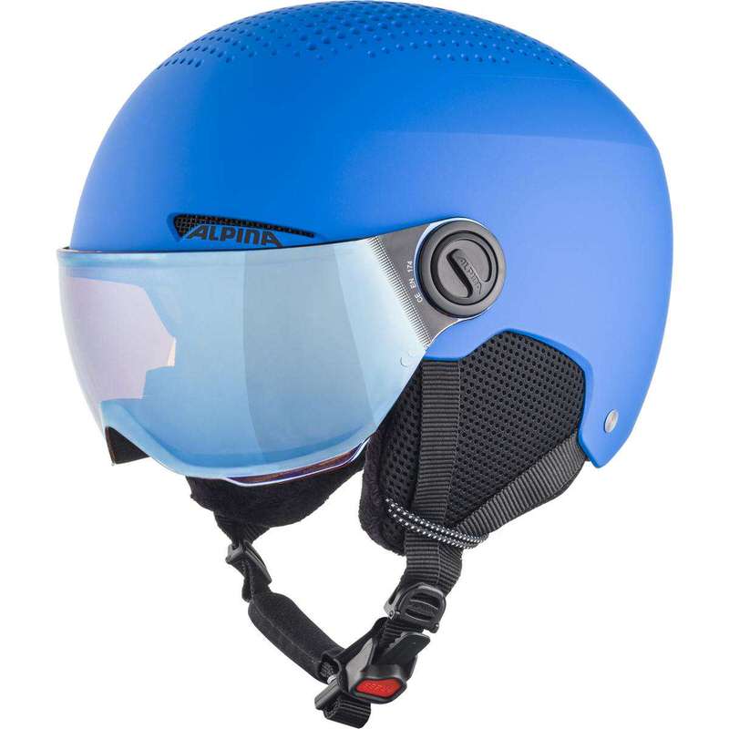 Casque de ski bleu Alpina Zupo Visor Q-Lite avec visière réfléchissante et jugulaire noire.