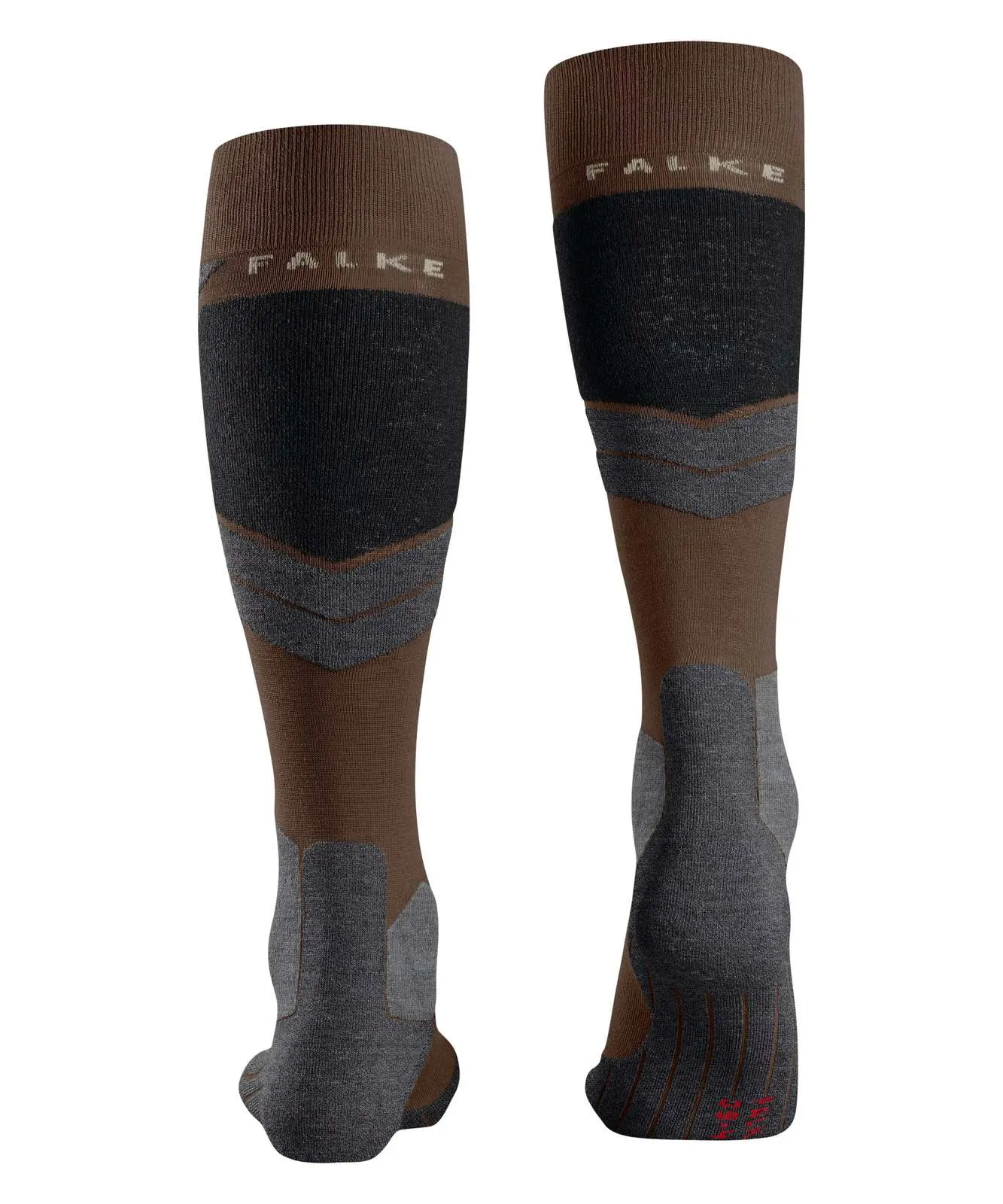 Chaussettes montant jusqu'aux genoux, devant/arrière : bordure marron, partie centrale gris foncé avec logo Falke blanc, chevrons gris et rayures marron. Tige marron ; talon/pointe gris moyen. À l'arrière, détails en rouge.