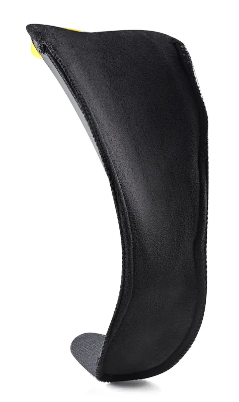 Black, curved headrest with fabric cover, profile view on white background.