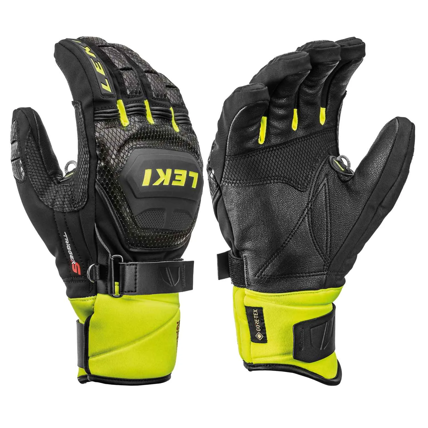 Zwei schwarze Leki Worldcup Race Coach Flex S GTX Handschuhe mit gelben Akzenten, Handflächen nach vorne.