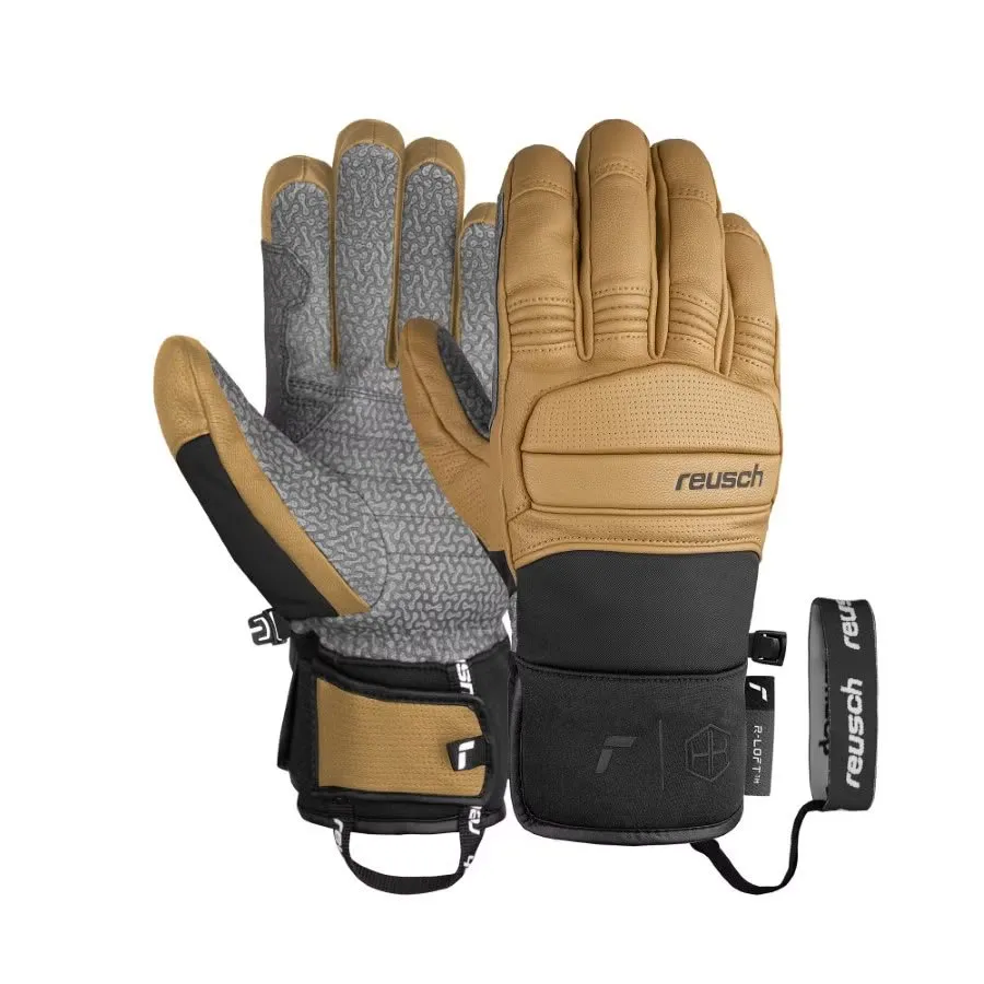 Two Reusch Henrik Kristoffersen gloves. One brown leather glove and one with a gray pattern.