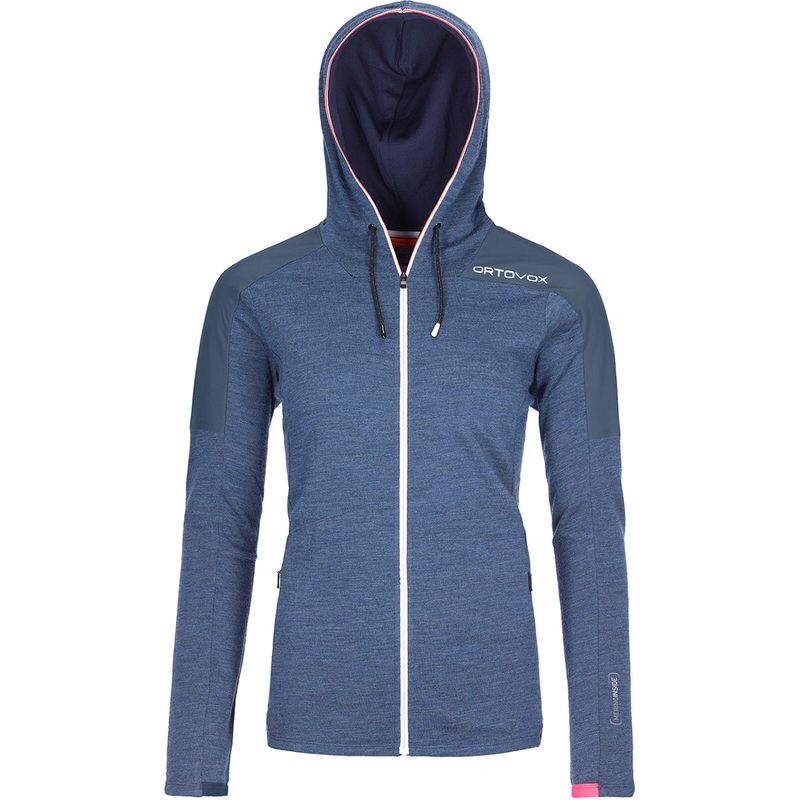Blaue Merino Terry Hoody Jacke mit Kapuze und Reißverschluss, Marke Ortovox, lange Ärmel, Damen.