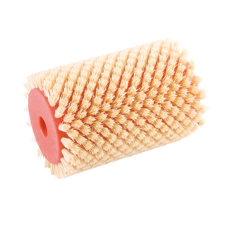 Brosse rotative rouge et blanche Brosse rotative avec des poils clairs et un support rouge avec un trou.