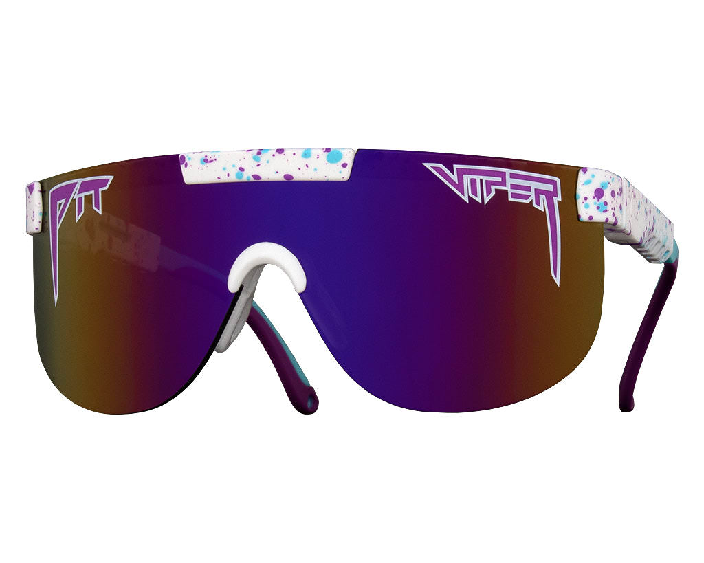 Lila Sonnenbrille "The Jetski" Lila "The Jetski Elliptical" Sonnenbrille mit weißem, gesprenkeltem Rahmen und reflektierenden Gläsern.
