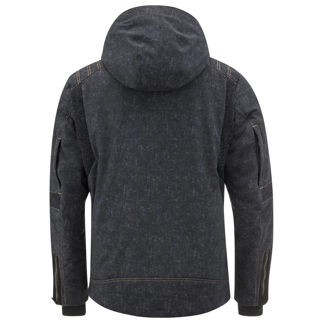 Rückansicht der Head Rebels Kona Jacket Men XYBK in dunklem Jeans-Look mit Kapuze und Taschen.