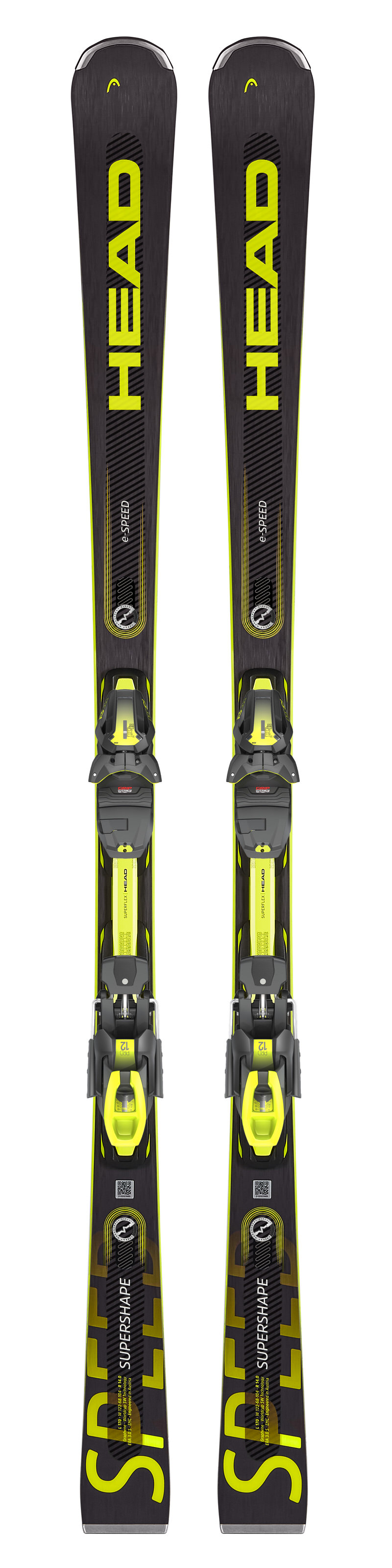 Zwei Head Supershape e-Speed Ski, frontal, mit gelber Schrift auf dunklem Grund. Bindungen sind montiert.