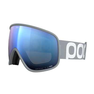 Graue Skibrille mit bläulich-verspiegelter Linse und weißem Band mit grauer Schrift.