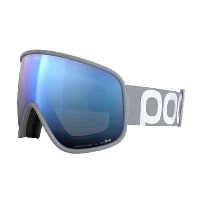 Lunettes de ski grises avec lentille à effet miroir bleuté et bandeau blanc avec inscription grise.