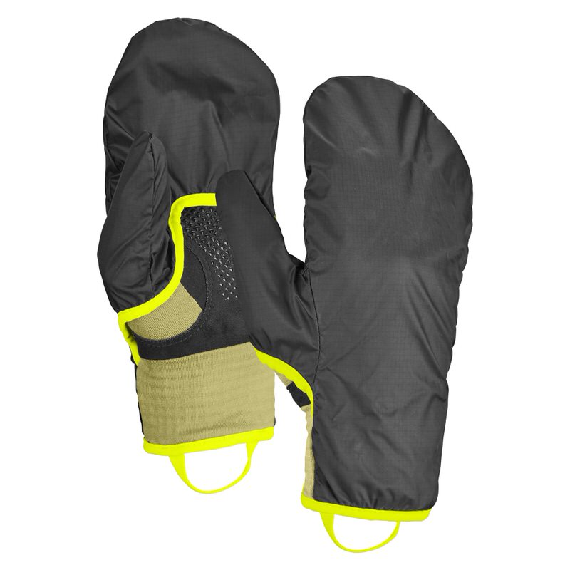 Zwei Fleece Grid Cover Gloves in Schwarz/Sweet Alison, mit gelben Details und Hülle, freigestellt.