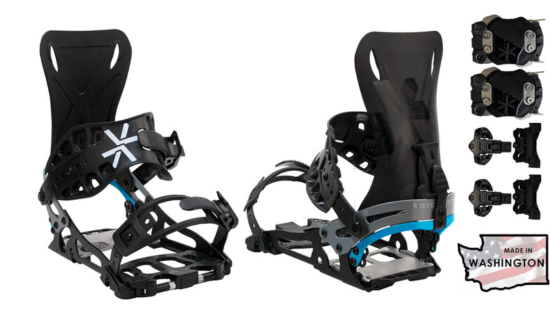 Karakoram Prime Nomad Split Interface: Splitboard-Bindung in Schwarz, seitliche und vordere Ansicht, plus Montageteile.