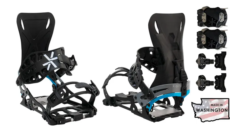 Karakoram Prime Nomad Split Interface: Splitboard binding in black, side and front view, plus mounting parts.