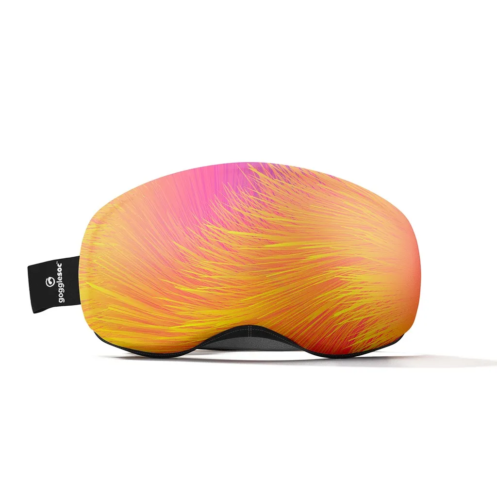 Yellow-pink Monster Fur Pro Soc, a goggle cover, is set against a white background. The side strap features the gogglesoc logo.