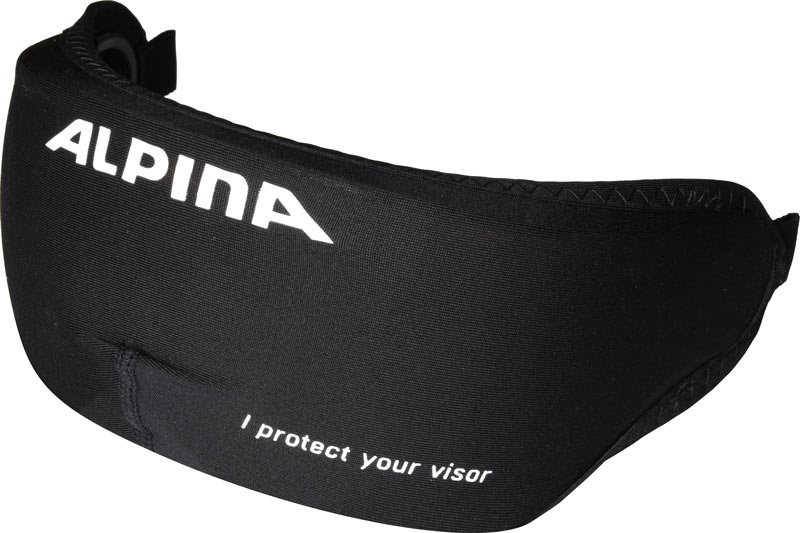 Schwarzes Alpina Visierschutz Cover mit weißem "ALPINA" Schriftzug und Text "I protect your visor" für Skihelme.