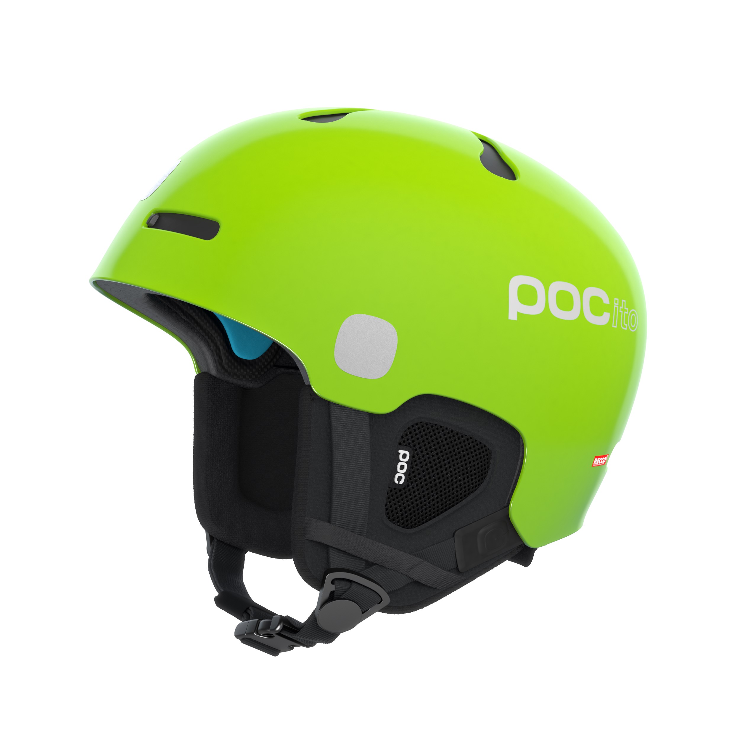 Lime-grüner POC Pocito Auric Cut Spin Skihelm, Seitenansicht, mit Belüftungsöffnungen und schwarzem Kinnriemen.