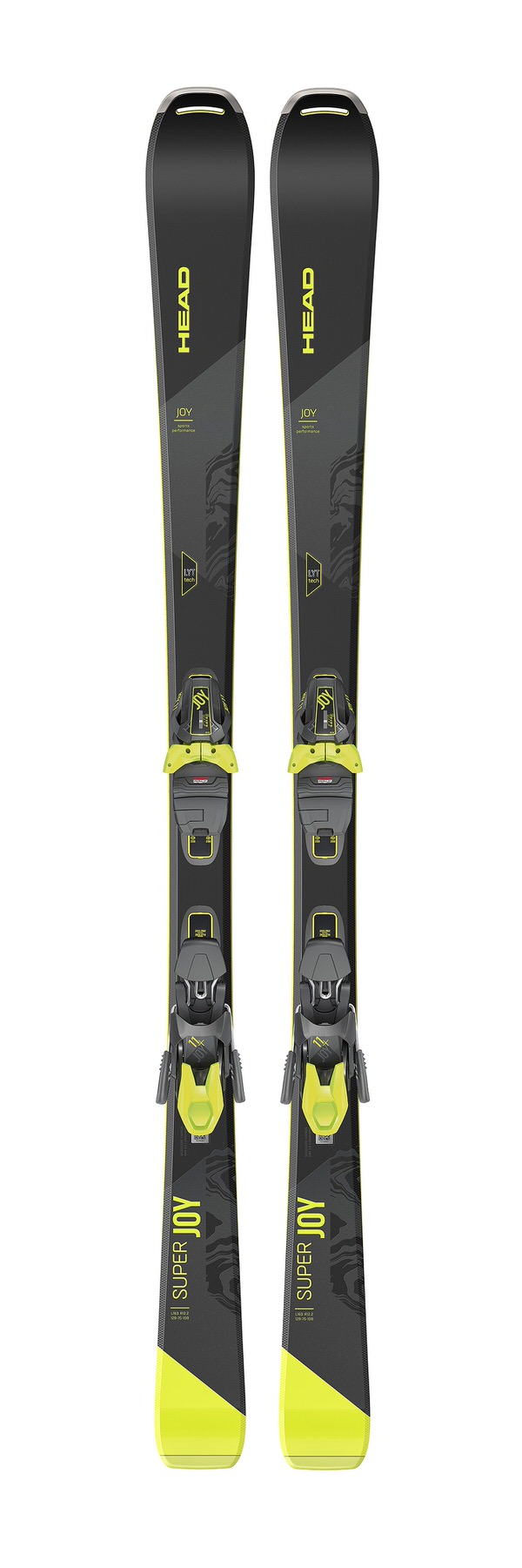 Zwei Ski des Modells Head Super Joy, vertikal ausgerichtet. Das Design ist schwarz mit gelben Akzenten und Texten.