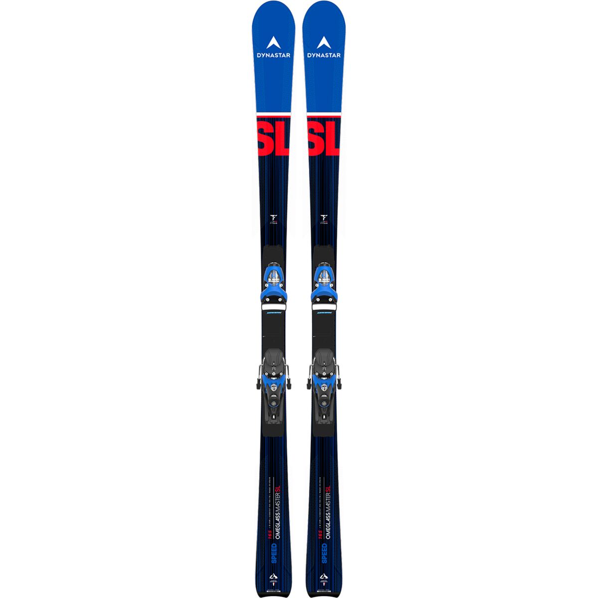 Zwei blaue Dynastar Speed Omeglass Master SL Ski mit Bindungen, von oben nach unten fotografiert.