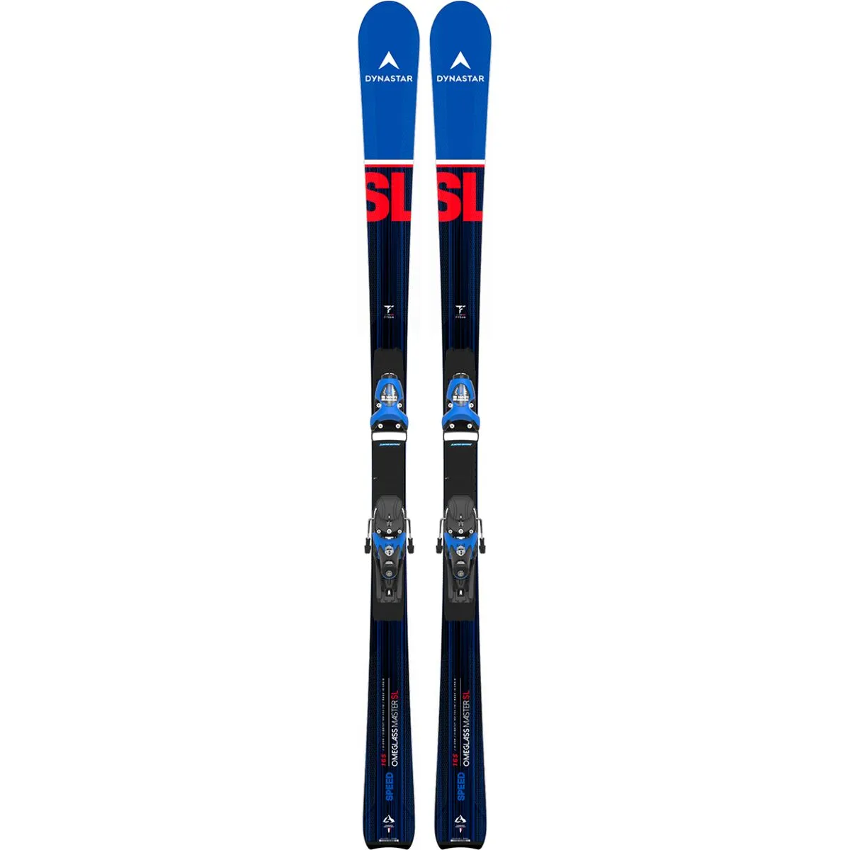 Deux skis bleus Dynastar Speed Omeglass Master SL avec fixations, photographiés de haut en bas.