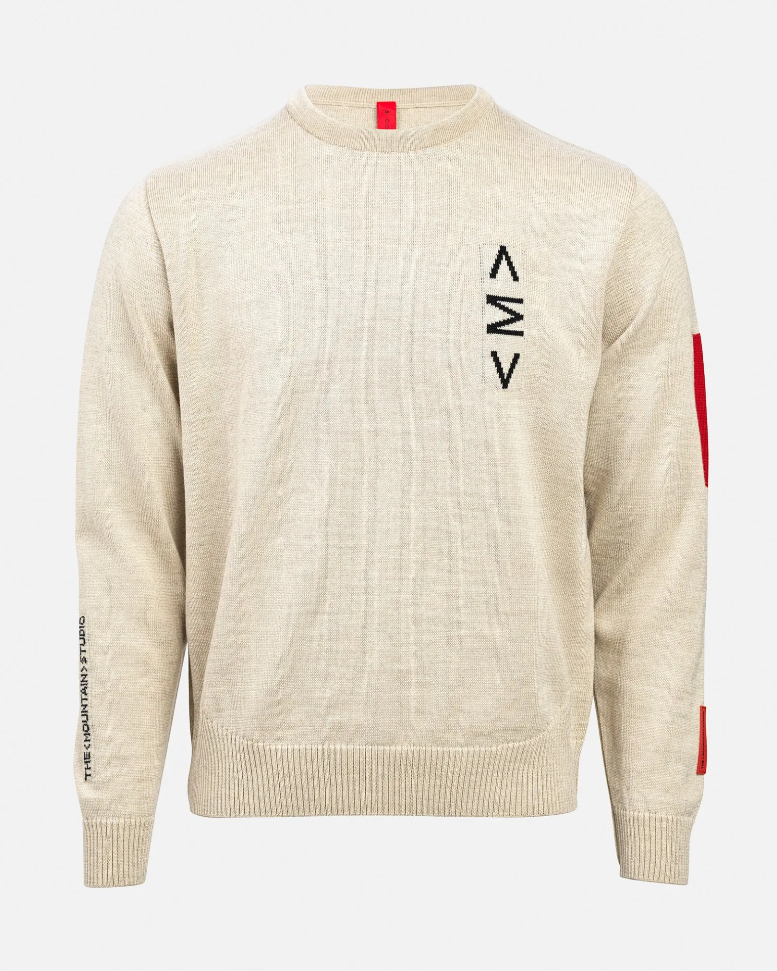 Maglione da sci K-3 ST color crema con scollo rotondo e motivo a maglia intarsiata sul petto e accenti rossi sul colletto e sulle maniche.