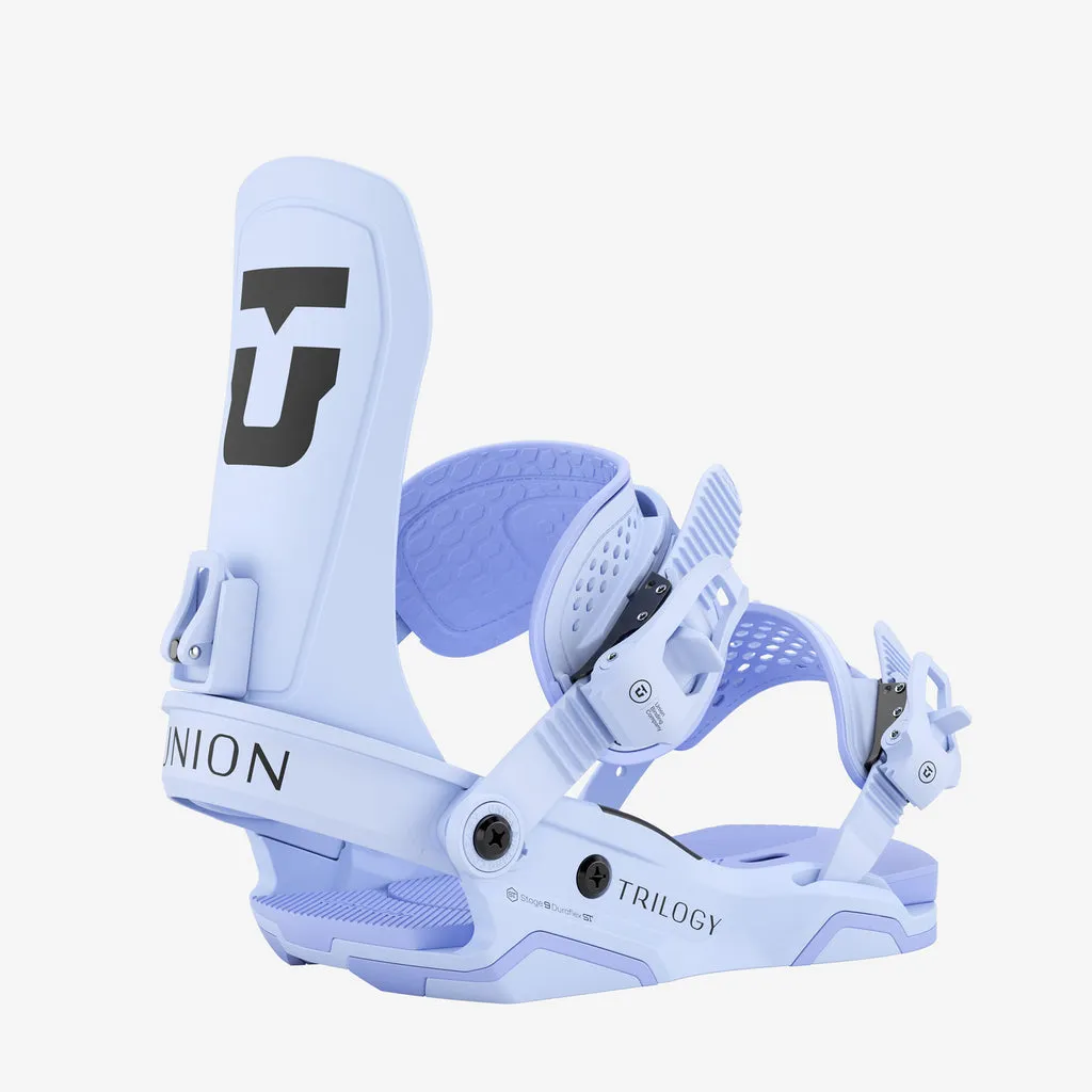 Light blue snowboard binding from the Marker brand Union with the inscription "Trilogy" against a white background.