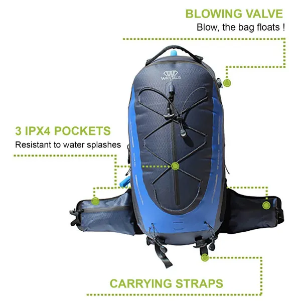 Sac à dos bleu étanche 35L avec cordon élastique, poches latérales et bretelles. Inscriptions sur les valves et les poches IPX4.