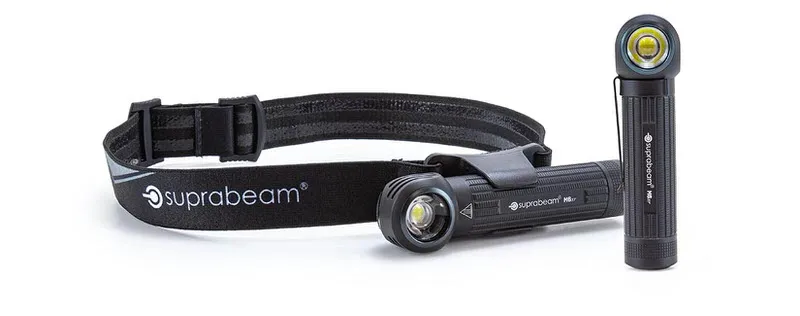 A Suprabeam M6r LED lamp, one as a headlamp with headband and one as a flashlight on a white background.