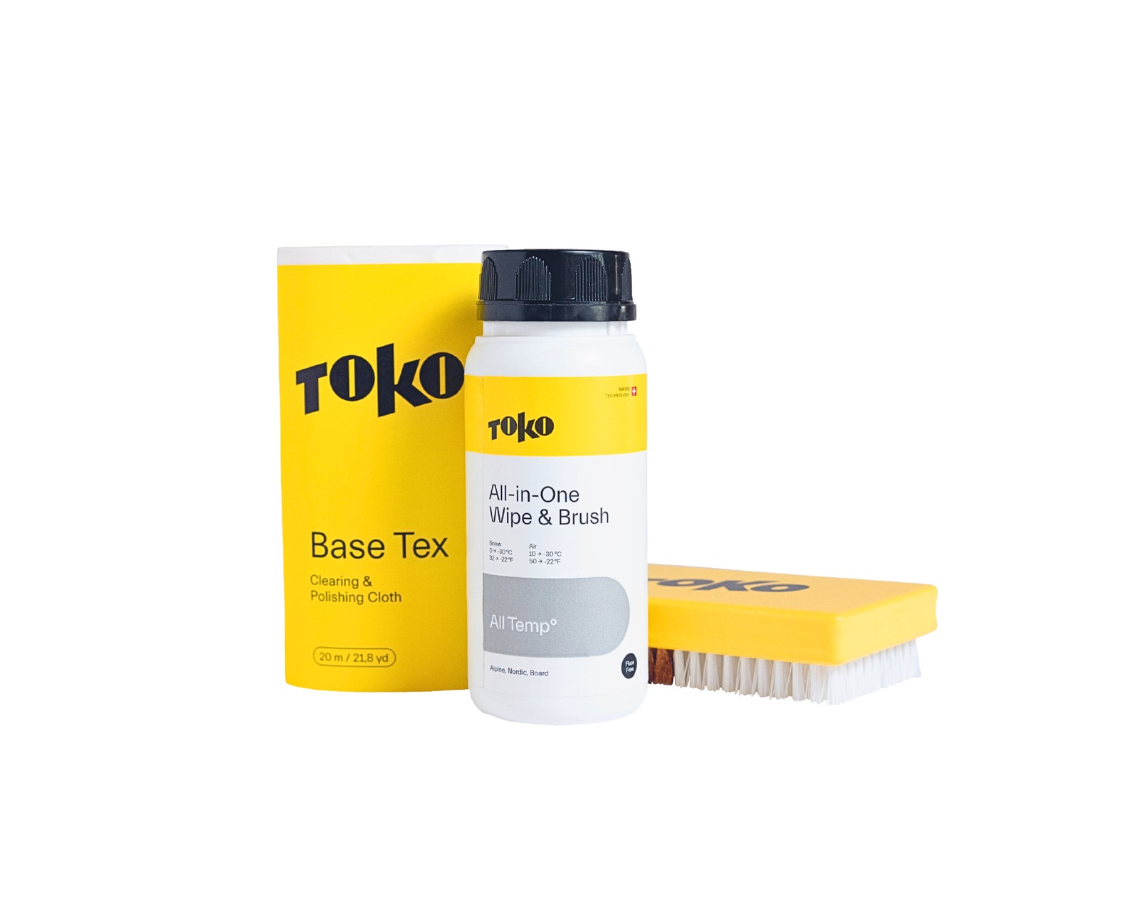 Toko All-in-One Wipe & Brush Kit: Reinigungsflüssigkeit, Poliertuch und Bürste für Ski.