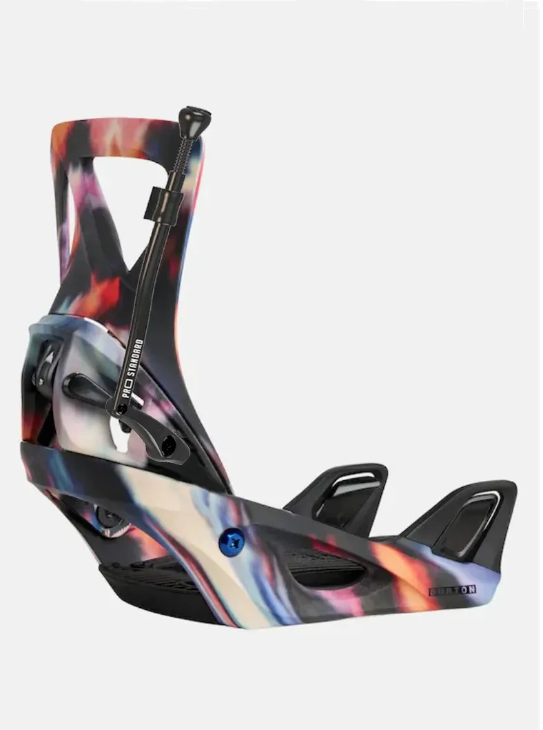 Colorful snowboard binding with a vibrant marbled design in blue, pink, red, orange, and black. Shown are the highback, footbed, and straps. Black "Pro Standard" lever and "BURTON" logo on the footbed.